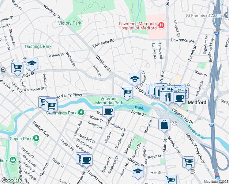 map of restaurants, bars, coffee shops, grocery stores, and more near 262 Winthrop Street in Medford