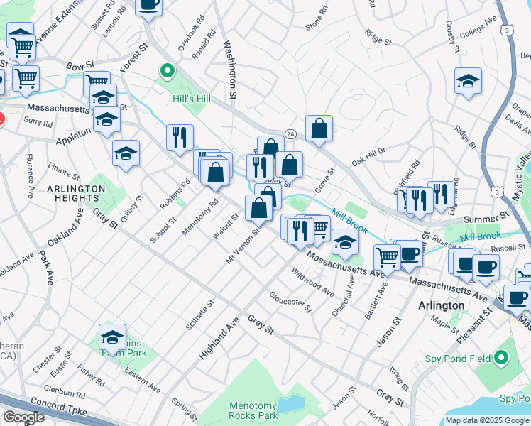 map of restaurants, bars, coffee shops, grocery stores, and more near 993 Massachusetts Avenue in Arlington