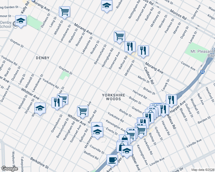 map of restaurants, bars, coffee shops, grocery stores, and more near 10685 Balfour Road in Detroit