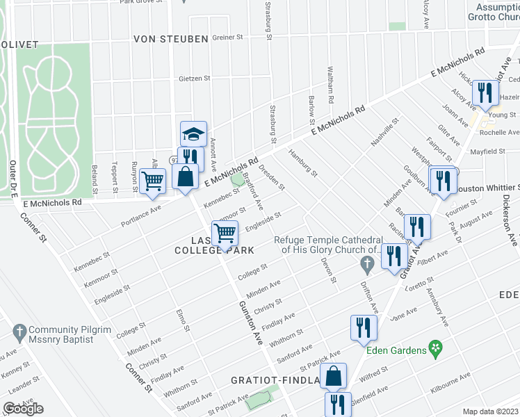 map of restaurants, bars, coffee shops, grocery stores, and more near 11874 Kenmoor Street in Detroit