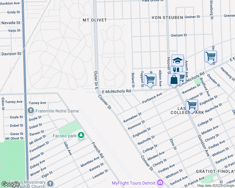 map of restaurants, bars, coffee shops, grocery stores, and more near 11126 East McNichols Road in Detroit