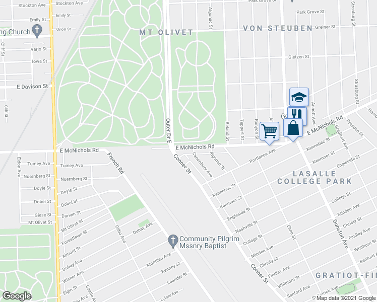 map of restaurants, bars, coffee shops, grocery stores, and more near in Detroit