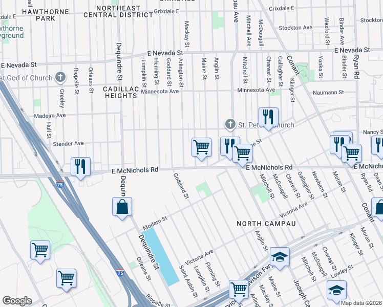 map of restaurants, bars, coffee shops, grocery stores, and more near 17186 Mackay Street in Detroit