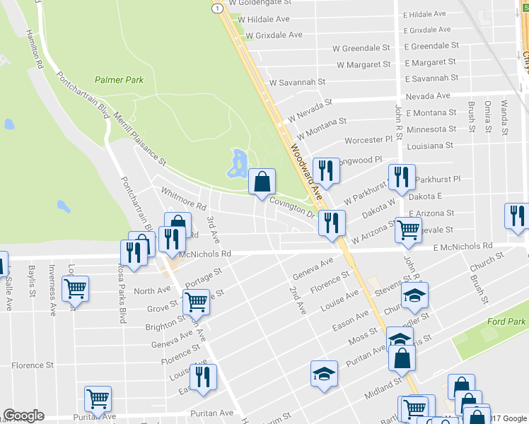 map of restaurants, bars, coffee shops, grocery stores, and more near 17505 2nd Avenue in Detroit