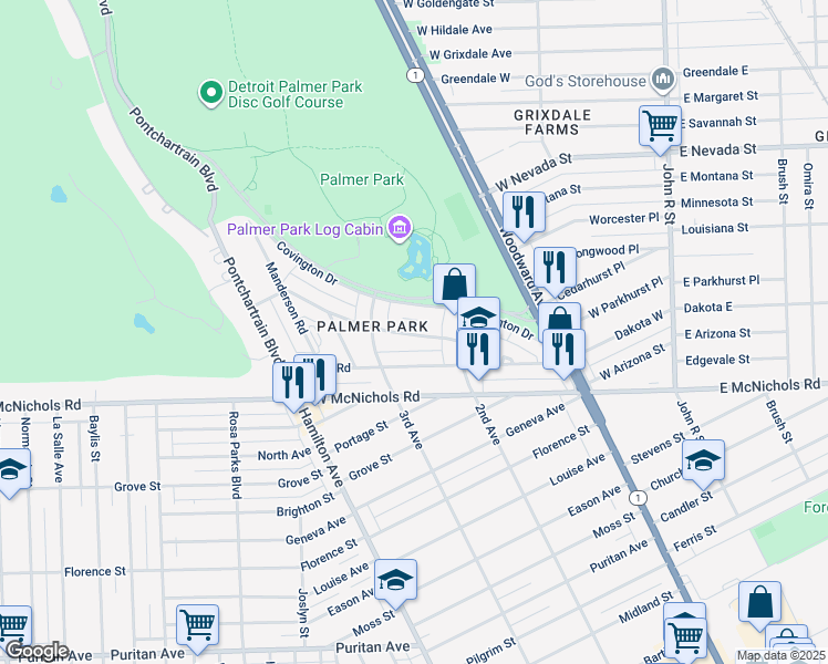 map of restaurants, bars, coffee shops, grocery stores, and more near 681 Covington Drive in Detroit