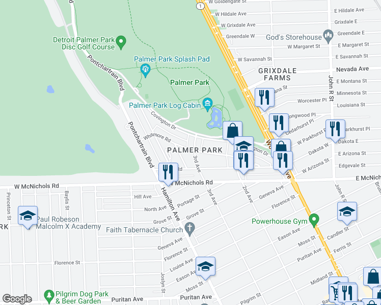 map of restaurants, bars, coffee shops, grocery stores, and more near 17524 3rd Avenue in Detroit