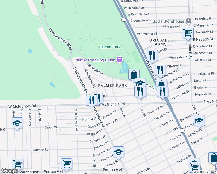map of restaurants, bars, coffee shops, grocery stores, and more near 17524 3rd Avenue in Detroit