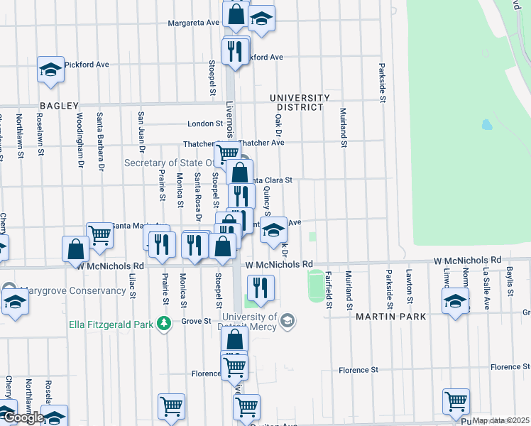 map of restaurants, bars, coffee shops, grocery stores, and more near 17357 Quincy Street in Detroit