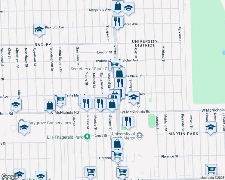 map of restaurants, bars, coffee shops, grocery stores, and more near 17370 Stoepel Street in Detroit
