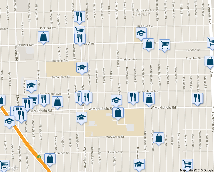map of restaurants, bars, coffee shops, grocery stores, and more near 17384 Wisconsin Street in Detroit