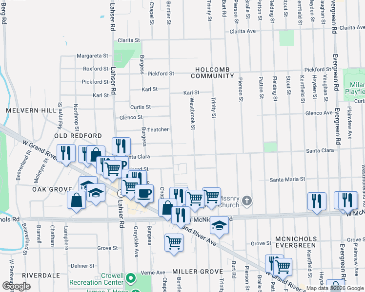 map of restaurants, bars, coffee shops, grocery stores, and more near 17575 Westbrook Street in Detroit