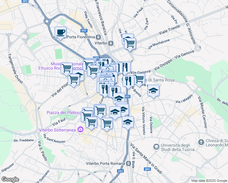 map of restaurants, bars, coffee shops, grocery stores, and more near in Viterbo