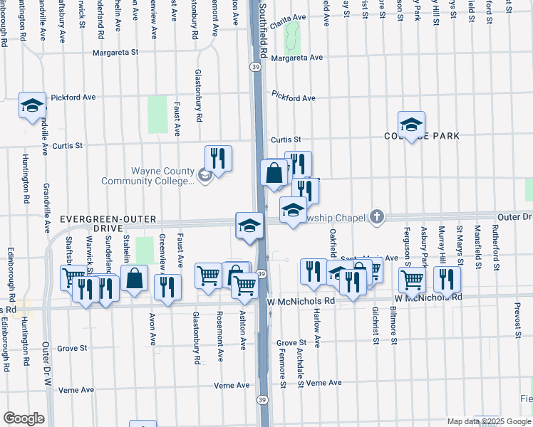 map of restaurants, bars, coffee shops, grocery stores, and more near 17500 Southfield Road in Detroit