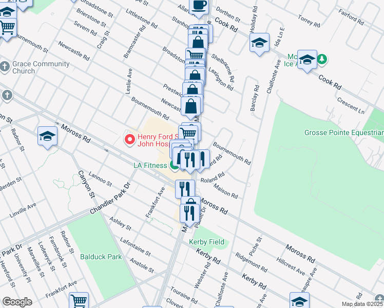map of restaurants, bars, coffee shops, grocery stores, and more near 19269 Mack Ave in Grosse Pointe Woods