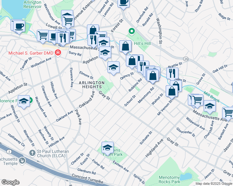 map of restaurants, bars, coffee shops, grocery stores, and more near 31 Benjamin Road in Arlington