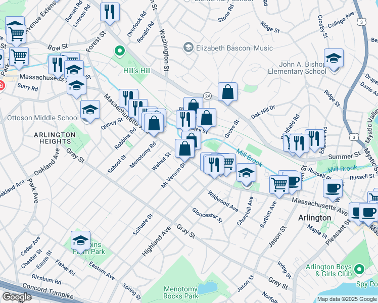map of restaurants, bars, coffee shops, grocery stores, and more near 975 Massachusetts Avenue in Arlington
