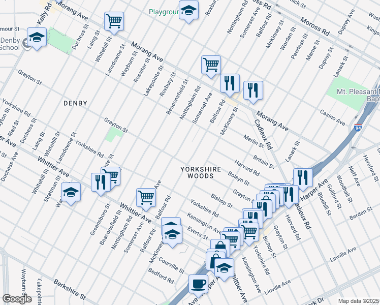 map of restaurants, bars, coffee shops, grocery stores, and more near 10685 Balfour Road in Detroit