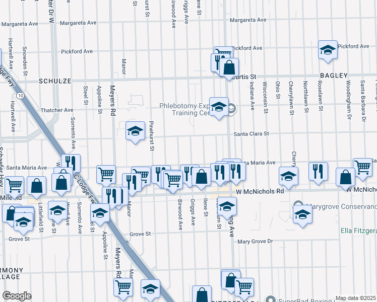 map of restaurants, bars, coffee shops, grocery stores, and more near 17359 Griggs Street in Detroit