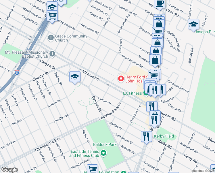 map of restaurants, bars, coffee shops, grocery stores, and more near 21772 Moross Road in Grosse Pointe