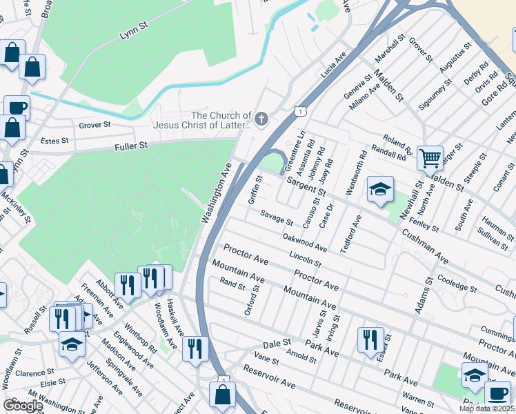 map of restaurants, bars, coffee shops, grocery stores, and more near 61 Cushing Avenue in Revere