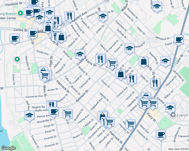 map of restaurants, bars, coffee shops, grocery stores, and more near 99 Fairmont Street in Malden