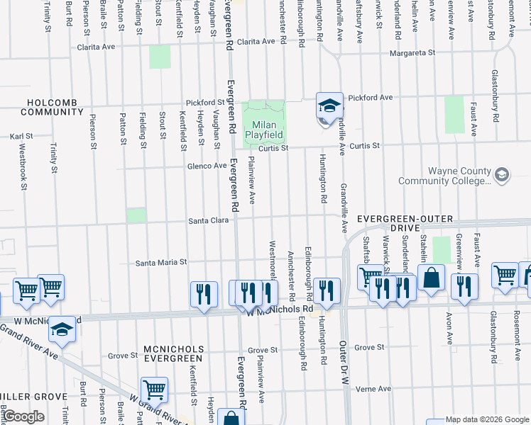 map of restaurants, bars, coffee shops, grocery stores, and more near 17543 Westmoreland Road in Detroit
