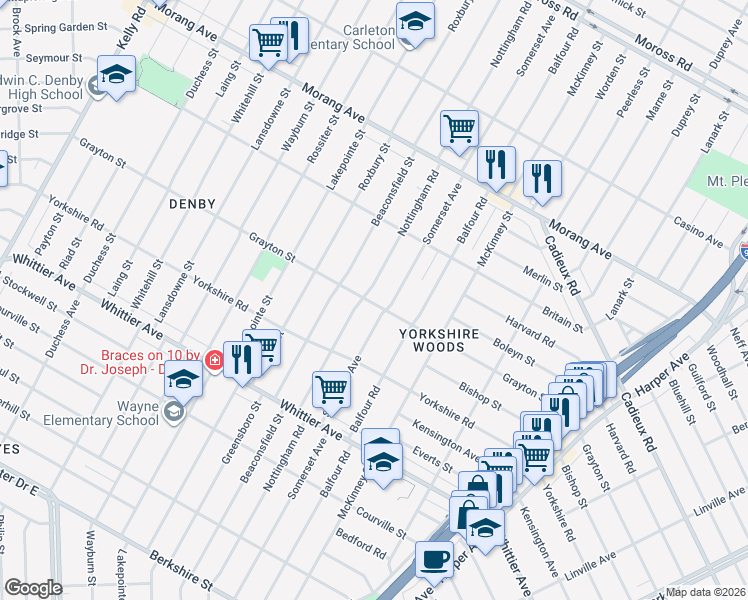 map of restaurants, bars, coffee shops, grocery stores, and more near 10842 Nottingham Road in Detroit