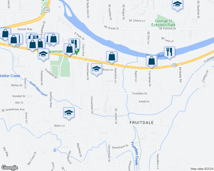 map of restaurants, bars, coffee shops, grocery stores, and more near 1401 Southeast Payton's Way in Grants Pass
