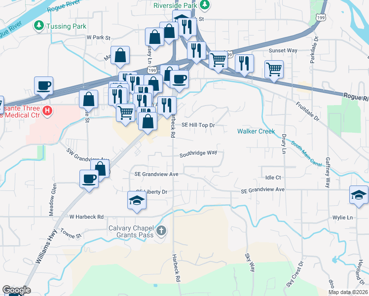 map of restaurants, bars, coffee shops, grocery stores, and more near 133 Aztec Court in Grants Pass