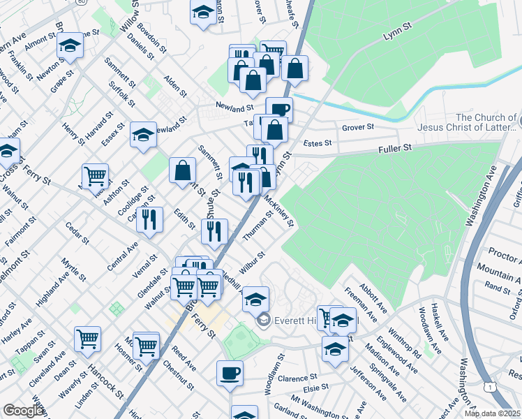 map of restaurants, bars, coffee shops, grocery stores, and more near 880 Broadway in Everett