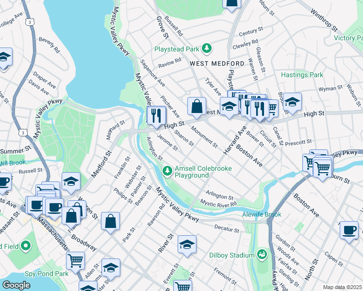 map of restaurants, bars, coffee shops, grocery stores, and more near 25 Sharon Street in Medford