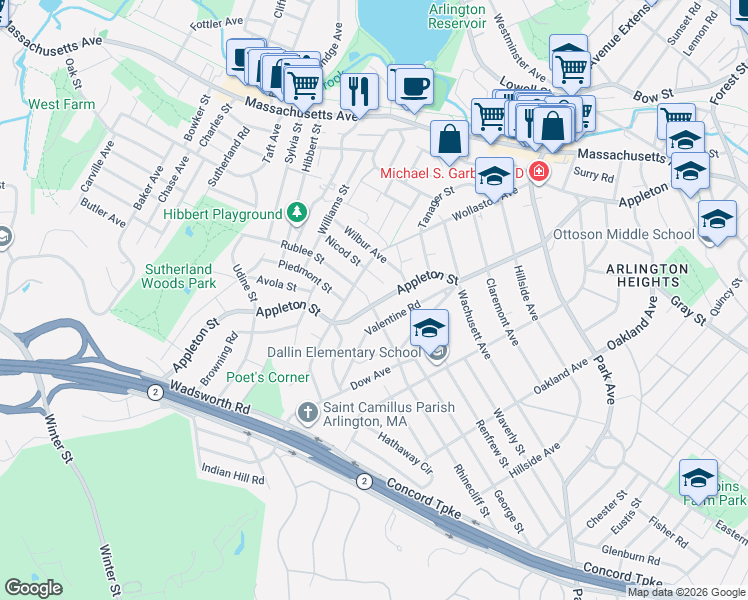 map of restaurants, bars, coffee shops, grocery stores, and more near 57 Nicod Street in Arlington