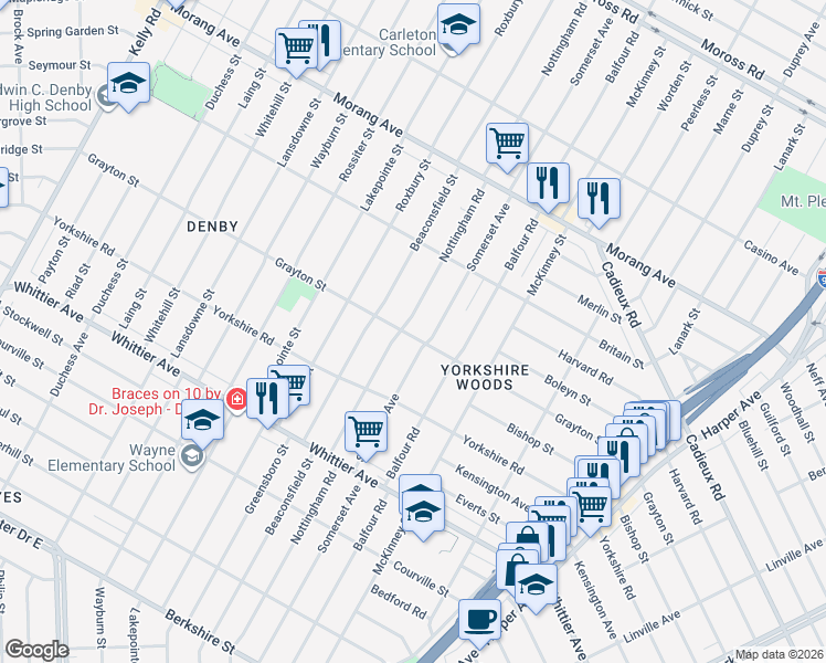 map of restaurants, bars, coffee shops, grocery stores, and more near 10842 Nottingham Road in Detroit