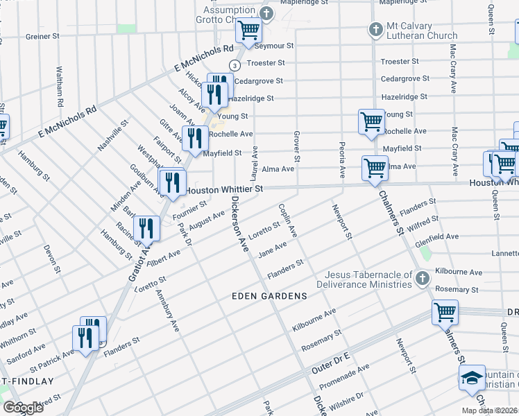 map of restaurants, bars, coffee shops, grocery stores, and more near 13133 Filbert Avenue in Detroit