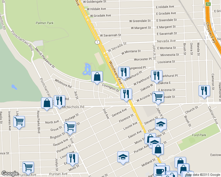 map of restaurants, bars, coffee shops, grocery stores, and more near 381 Covington Drive in Highland Park