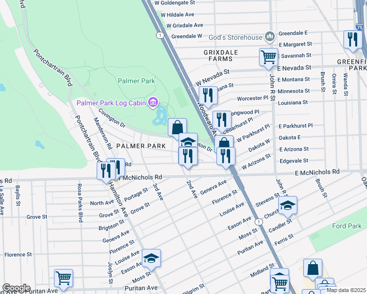 map of restaurants, bars, coffee shops, grocery stores, and more near 17505 2nd Avenue in Detroit