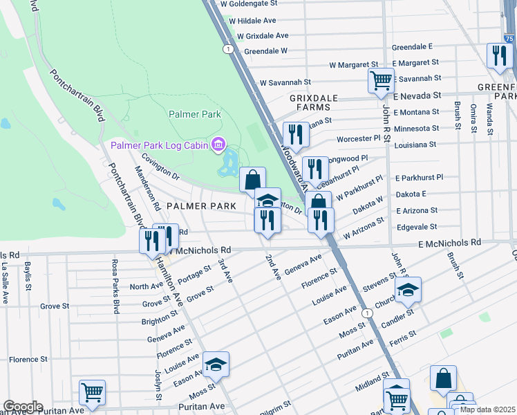map of restaurants, bars, coffee shops, grocery stores, and more near 17505 2nd Avenue in Detroit