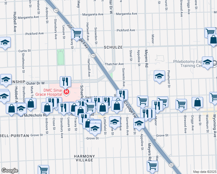 map of restaurants, bars, coffee shops, grocery stores, and more near 13303 Santa Clara Street in Detroit