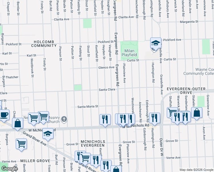 map of restaurants, bars, coffee shops, grocery stores, and more near in Detroit