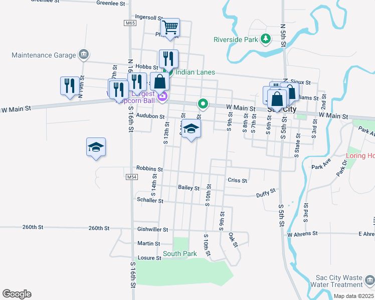 map of restaurants, bars, coffee shops, grocery stores, and more near 229 South 12th Street in Sac City