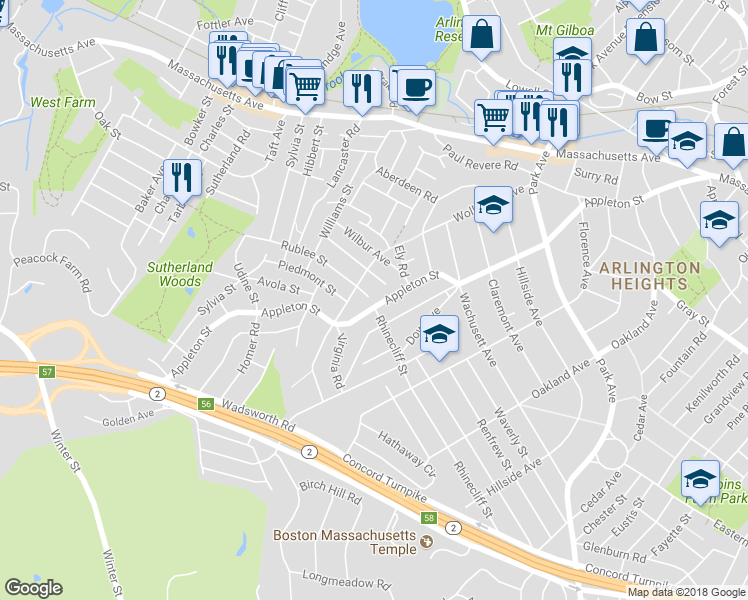 map of restaurants, bars, coffee shops, grocery stores, and more near 299 Appleton Street in Arlington