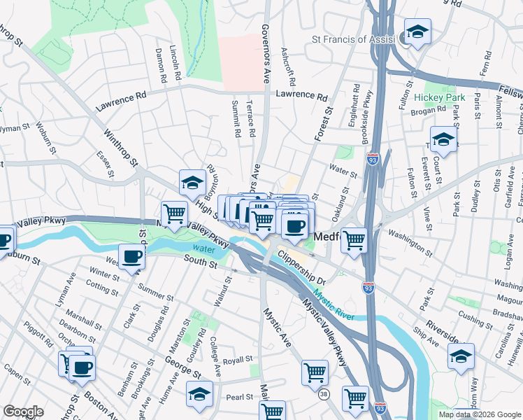 map of restaurants, bars, coffee shops, grocery stores, and more near 15 Governors Avenue in Medford