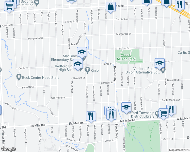map of restaurants, bars, coffee shops, grocery stores, and more near 17658 Wakenden in Redford Charter Township