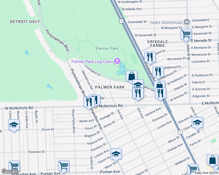 map of restaurants, bars, coffee shops, grocery stores, and more near 3rd St & Whitmore Rd in Detroit