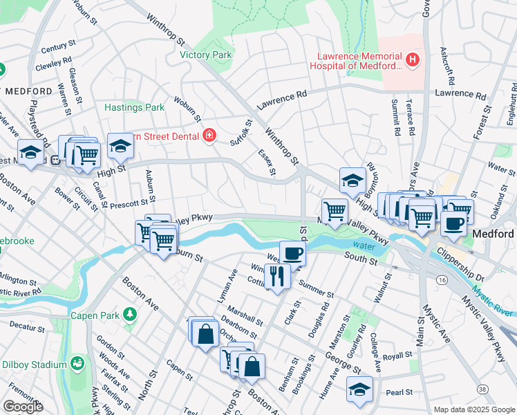 map of restaurants, bars, coffee shops, grocery stores, and more near 21 Daly Road in Medford