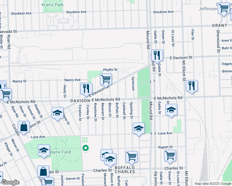map of restaurants, bars, coffee shops, grocery stores, and more near 17178 Buffalo Street in Hamtramck