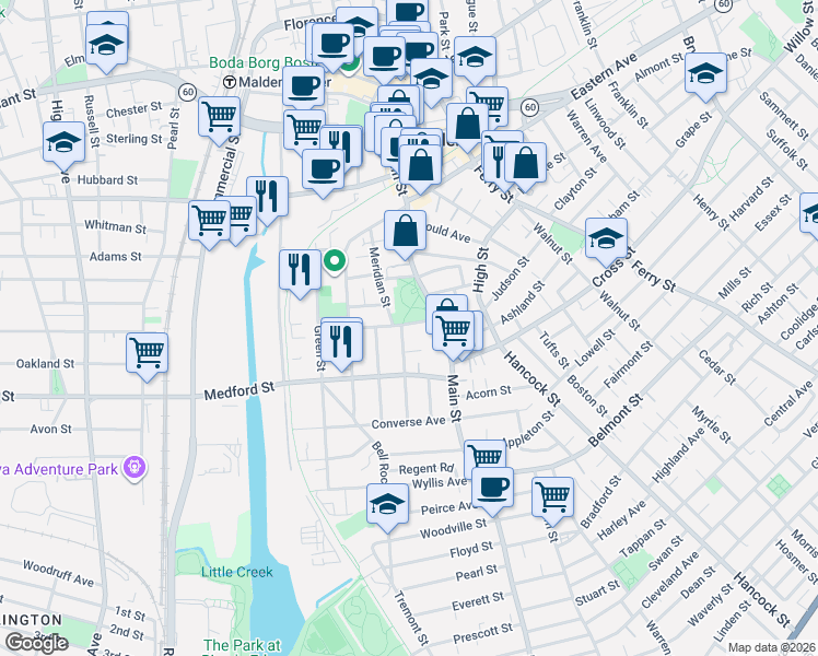 map of restaurants, bars, coffee shops, grocery stores, and more near 18 Wigglesworth Street in Malden