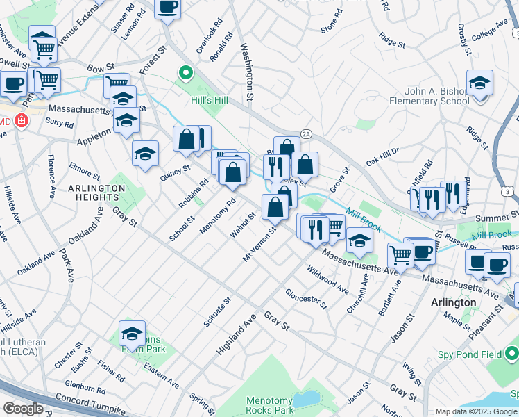 map of restaurants, bars, coffee shops, grocery stores, and more near 1005 Massachusetts Avenue in Arlington