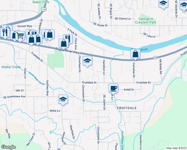 map of restaurants, bars, coffee shops, grocery stores, and more near Bill Baker Way in Grants Pass
