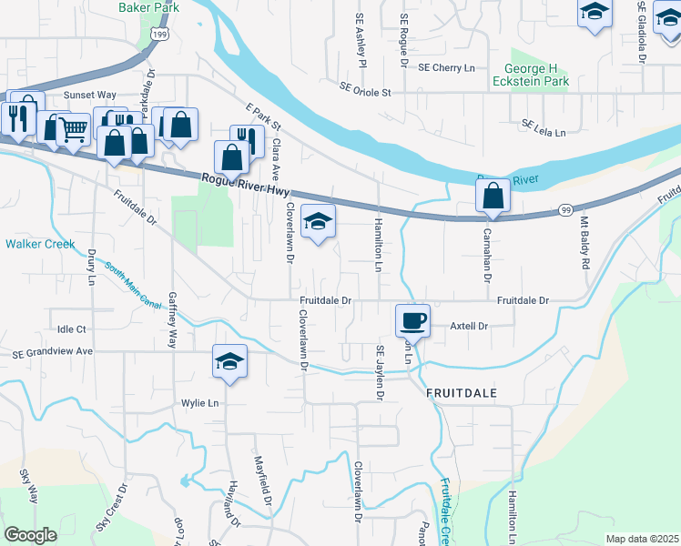 map of restaurants, bars, coffee shops, grocery stores, and more near Bill Baker Way in Grants Pass